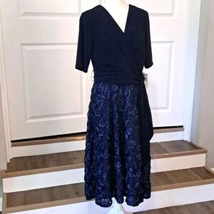 Alex Evenings Women's Tea Length Navy Blue Dress with Rosette Details 12P NWT